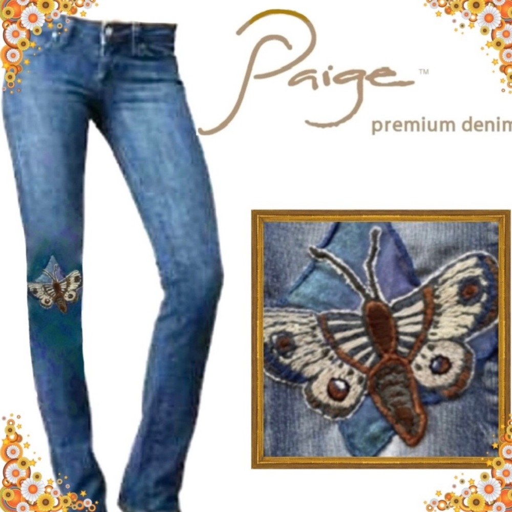 Paige Premium Denim Jeans w Embroidery Blue Heights Low Rise Straight Leg Jeans